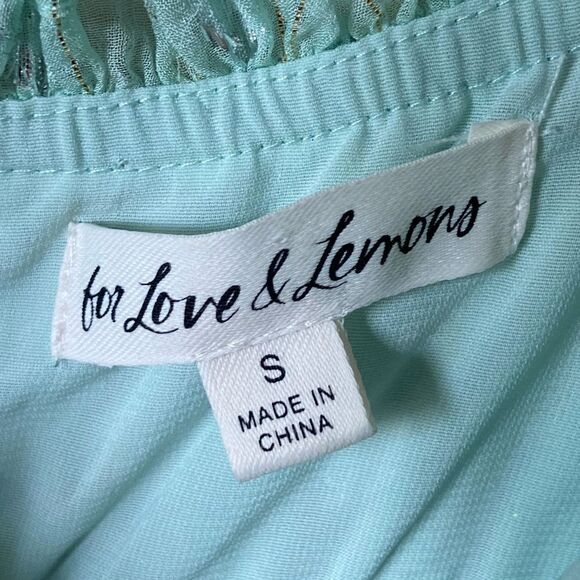 For Love & Lemons Eden Silk Midi Mint Green Dress Blend Metallic Hearts Size S - Picture 9 of 9
